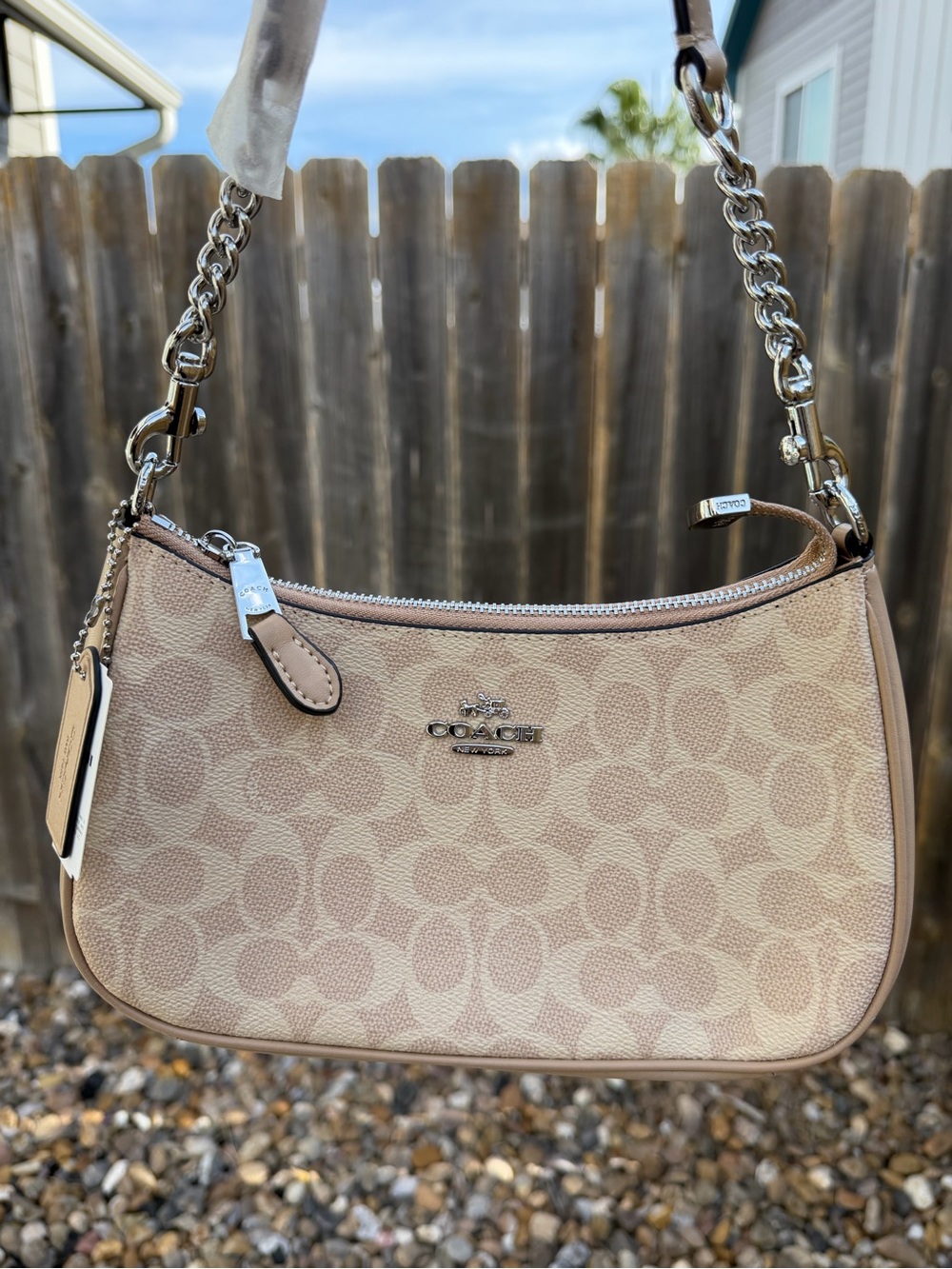 Coach Beige Signature Canvas Shoulder Bag with Chain Strap